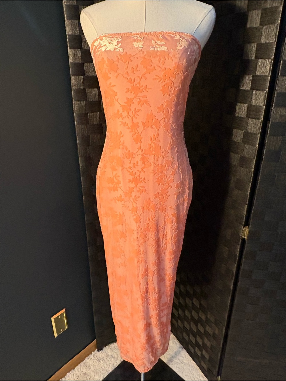 BTFBM Strapless Tube Mesh Velvet Maxi Dress Floral Apricot Pink Bodycon Slit